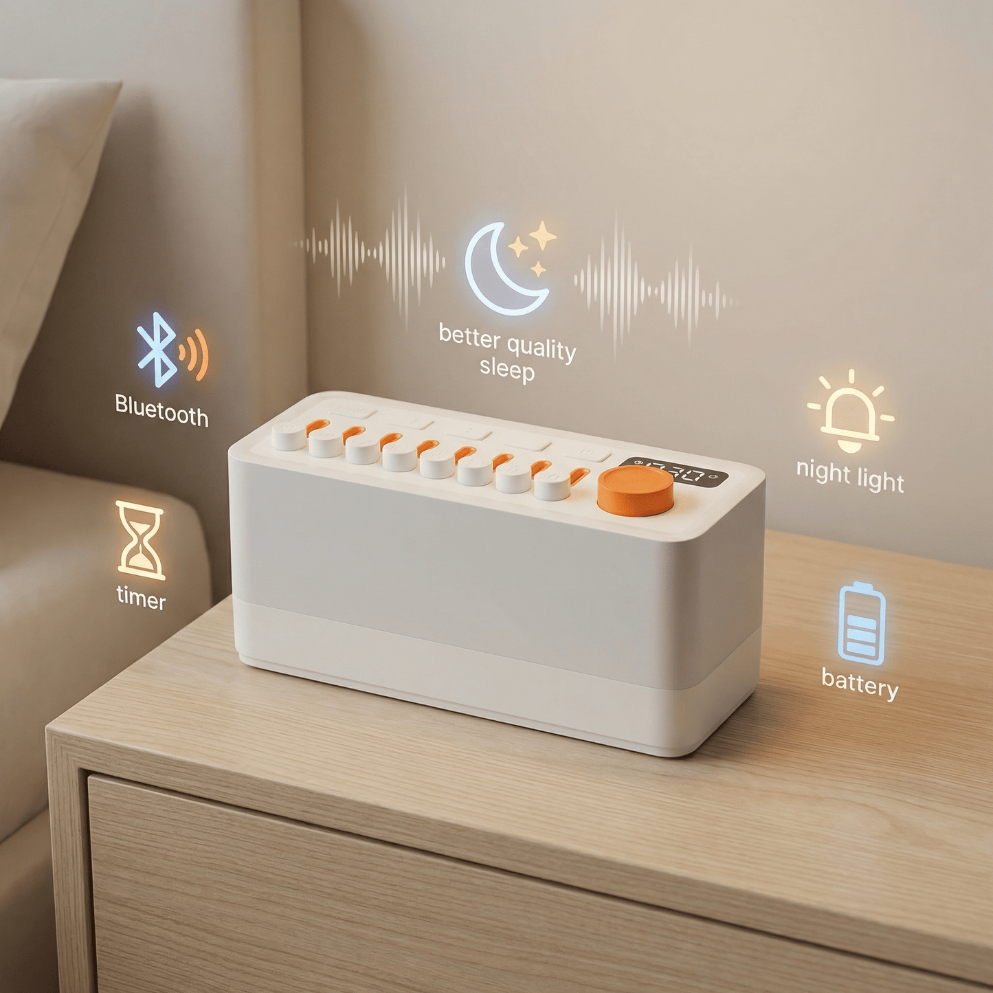 Smart Sleep Aid Speaker RGB 12 Colors Night Light with 8 Nature Sounds White Noise Sleep Machine Bluetooth - Compatible Speaker - NitorNova